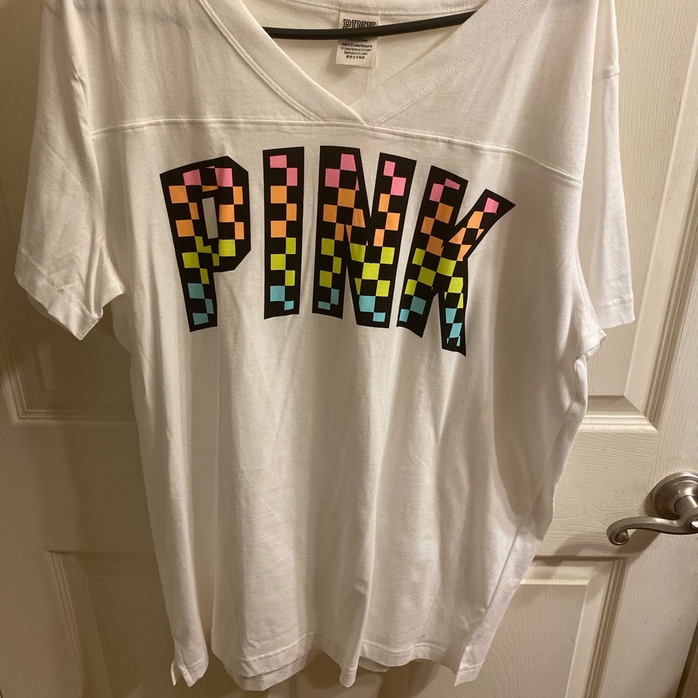 White checkered pink T-shirt